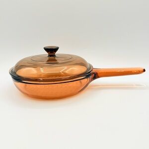 Vintage Corning Vision Amber Waffle Bottom 7" Fry Pan Skillet W/ Pyrex Lid. READ